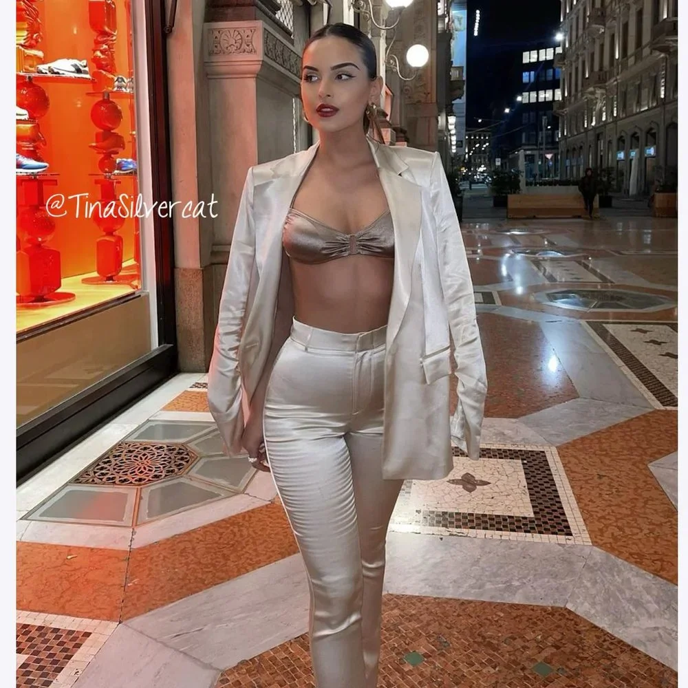 BLOGGER'S FAVE! Zara Suit Set Satin Ruched Blazer And Pants Ivory NWT